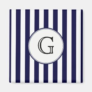 Navy Blue White Stripe Round Wht Monogram Label Magnet