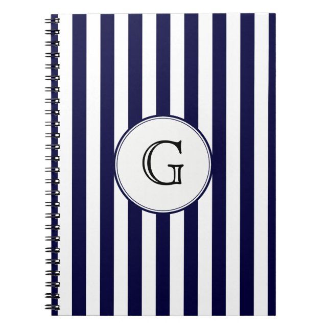 Navy Blue White Stripe Round Wht Monogram Label Notebook (Front)
