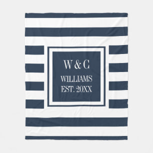Navy Blue White Stripe Stylish Monogram Fleece Blanket