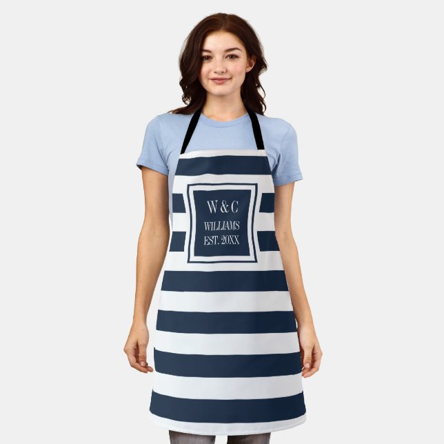 Navy Blue White Stripe Trendy Monogram Family Name Apron (Worn)