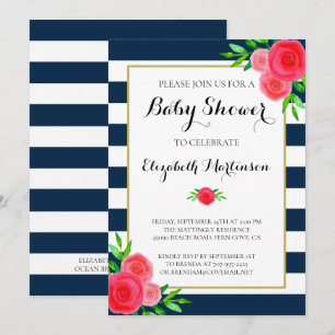 Navy Blue White Striped Coral Floral Baby Shower Invitation