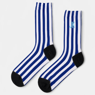 Navy Blue White Striped Monogram Custom Initials Socks