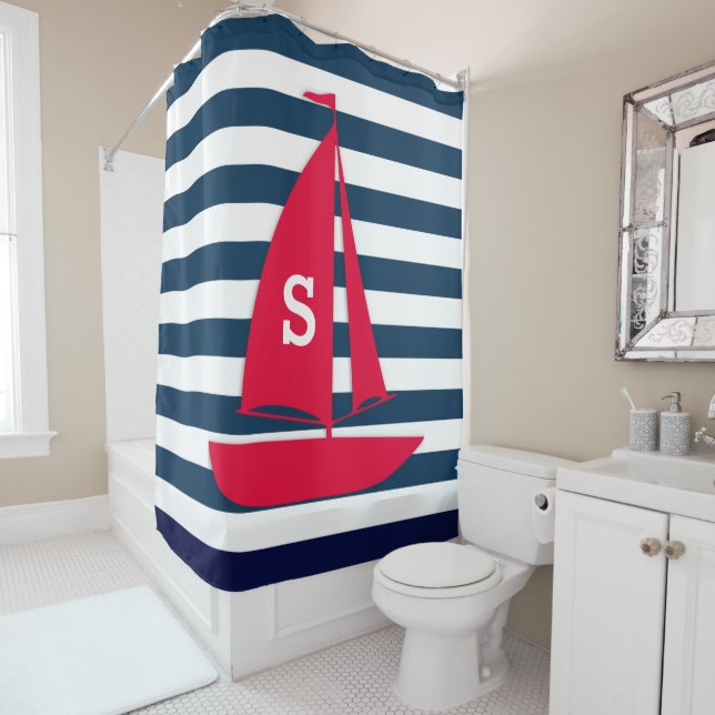 Navy Blue White Striped Monogram Red Boat Nautical (In Situ)