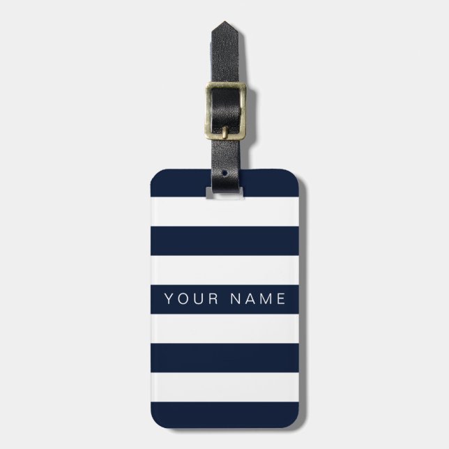 Navy Blue & White Striped Personalized Luggage Tag (Front Vertical)