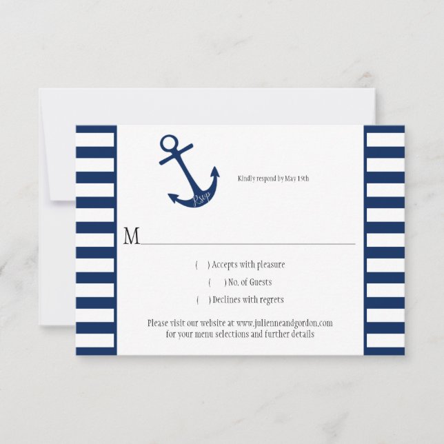 Navy Blue White Stripes Anchor Nautical Theme RSVP (Front)