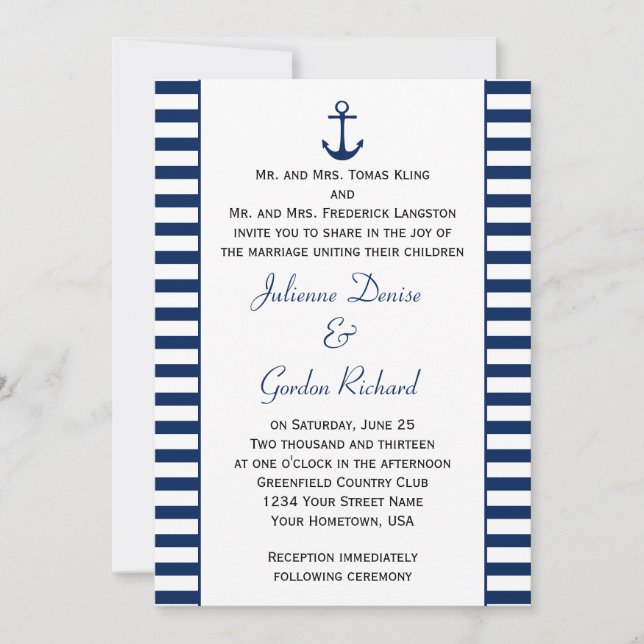 Navy Blue White Stripes Anchor Nautical Weddings Invitation (Front)