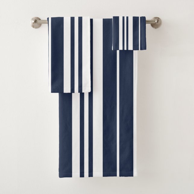 Navy Blue White Stripes Modern Chic Bath Towel Set (Insitu)
