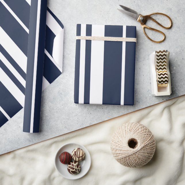Navy Blue White Stripes Modern Wrapping Paper (Crafts)