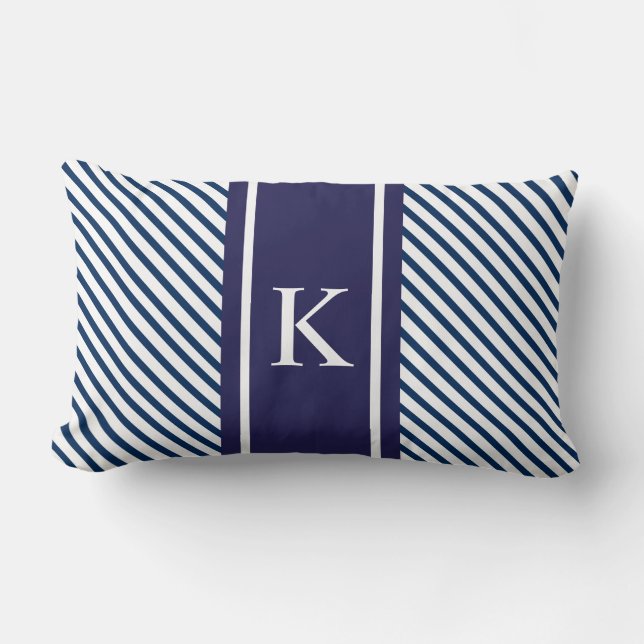 Navy Blue White Stripes & Monogram Lumbar Pillow (Front)