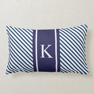 Navy Blue White Stripes & Monogram Lumbar Pillow