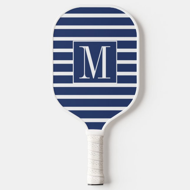 Navy Blue White Stripes Monogrammed Throw Pillow P Pickleball Paddle (Front)