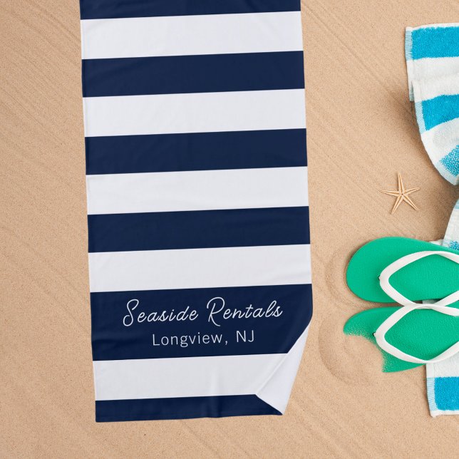 Navy blue white stripes name script beach towel (Creator Uploaded)
