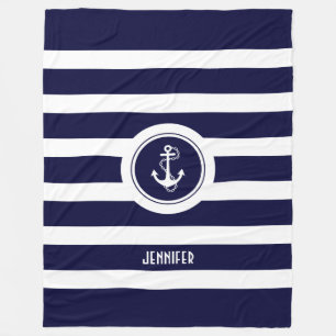 Navy Blue & White Stripes Nautical Anchor Fleece Blanket