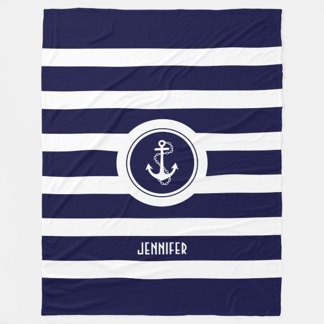 Navy Blue & White Stripes Nautical Anchor Fleece Blanket (Front)
