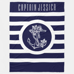 Navy Blue & White Stripes Nautical Floral Anchor Fleece Blanket