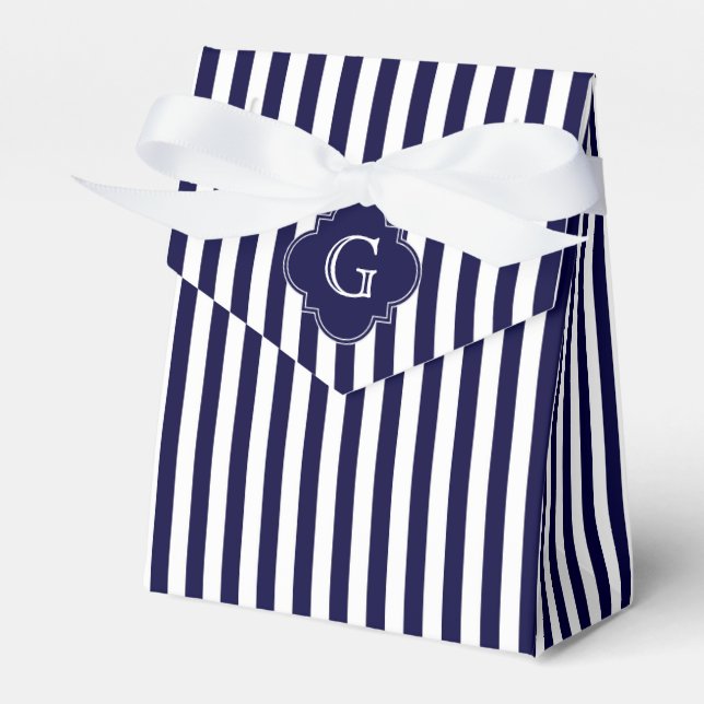 Navy Blue White Stripes, Navy Label Monogram Favor Box (Front Side)