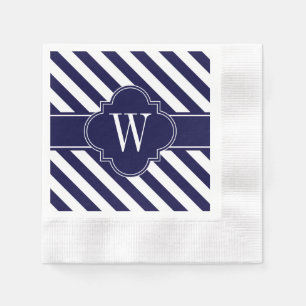 Navy Blue White Stripes, Navy Label Monogram Napkin