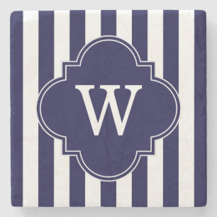 Navy Blue White Stripes, Navy Label Monogram Stone Coaster