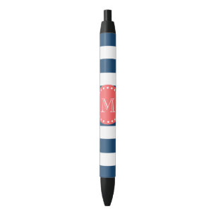 Navy Blue White Stripes Pattern, Coral Monogram Black Ink Pen