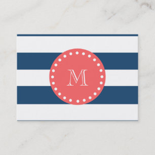 Navy Blue White Stripes Pattern, Coral Monogram Business Card