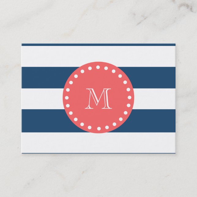 Navy Blue White Stripes Pattern, Coral Monogram Business Card (Front)