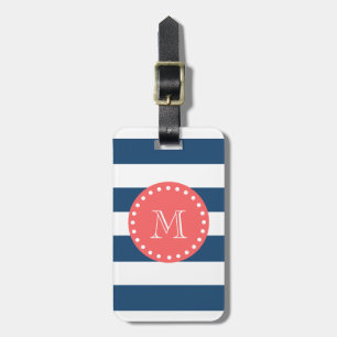 Navy Blue White Stripes Pattern, Coral Monogram Luggage Tag