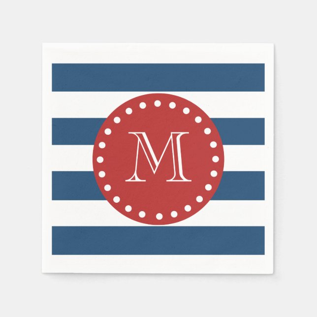 Navy Blue White Stripes Pattern, Red Monogram Napkin (Front)