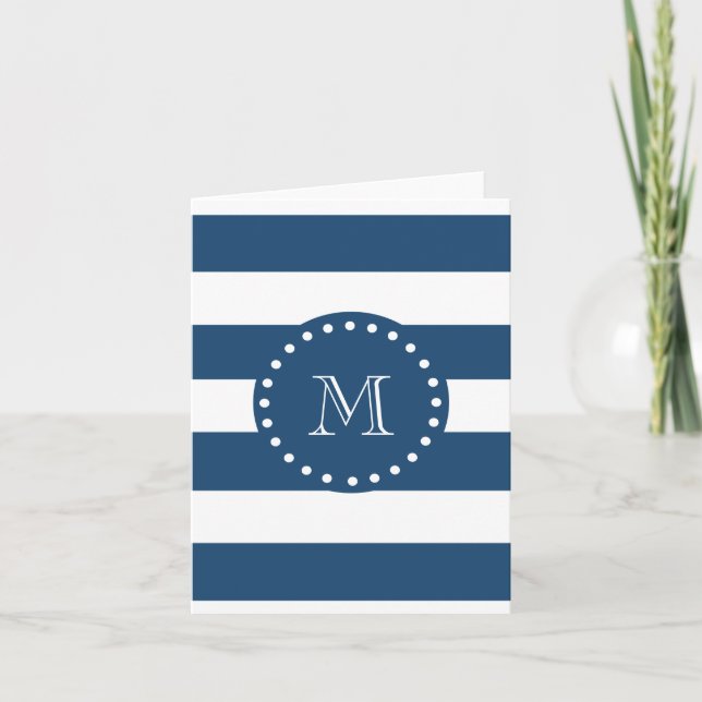 Navy Blue White Stripes Pattern, Your Monogram Note Card (Front)