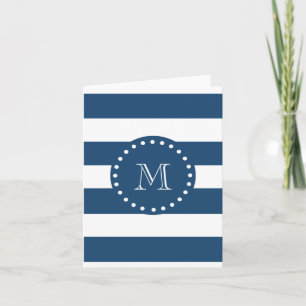 Navy Blue White Stripes Pattern, Your Monogram Note Card