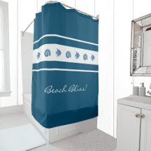 Navy Blue White Stripes Shells Fish Beach House 