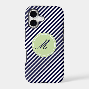 Navy Blue & White Stripes w Monogram iPhone 5 Case
