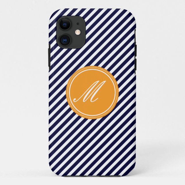 Navy Blue & White Stripes w Monogram iPhone 5 Case (Back)