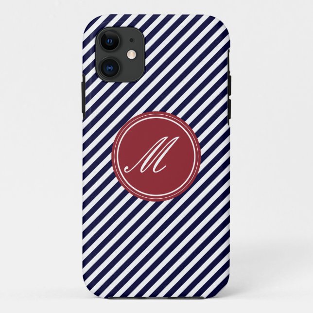 Navy Blue & White Stripes w Monogram iPhone 5 Case (Back)