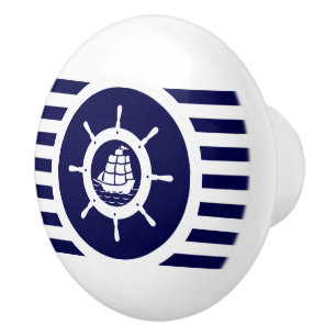 Navy Blue & White Stripes With Nautical Boat Wheel Ceramic Knob