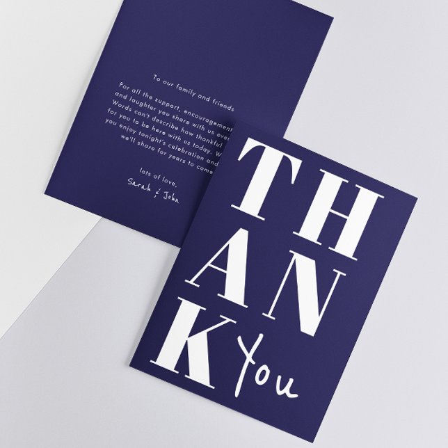Navy Blue White Stylish Minimalist Bold Wedding Thank You Card (Front / Back)