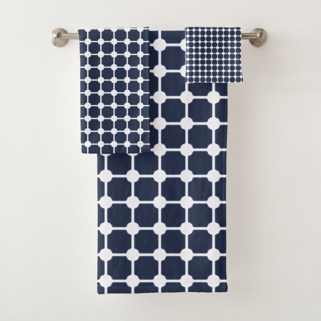 Navy Blue & White Stylish Modern Geometric Pattern Bath Towel Set (Insitu)