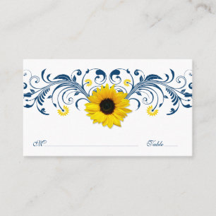 Navy Blue White Sunflower Floral Wedding Placecard