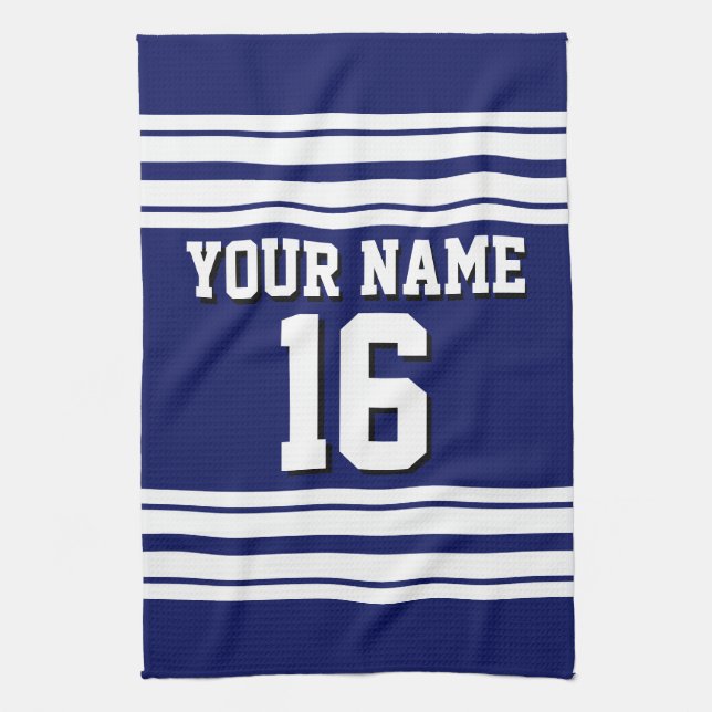 Navy Blue White Team Jersey Custom Number Name Kitchen Towel (Vertical)