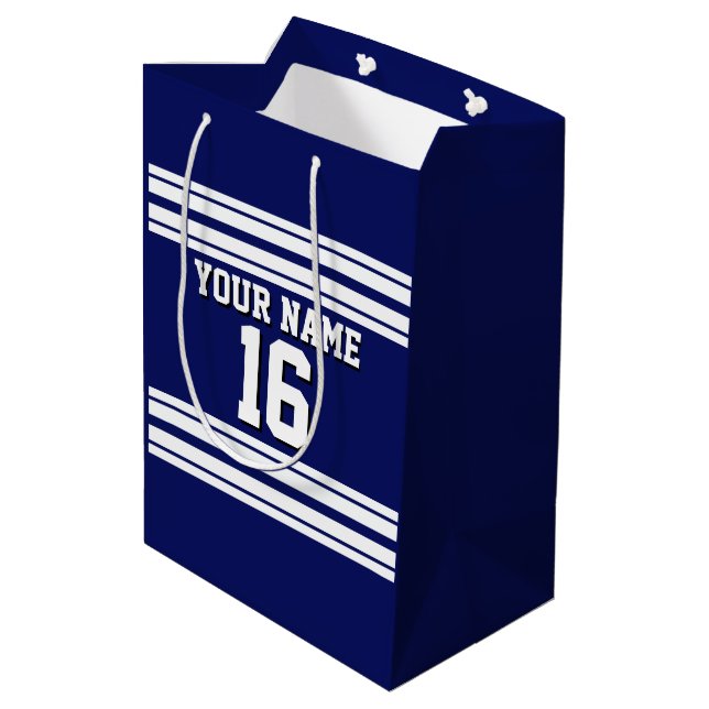 Navy Blue White Team Jersey Custom Number Name Medium Gift Bag (Back Angled)