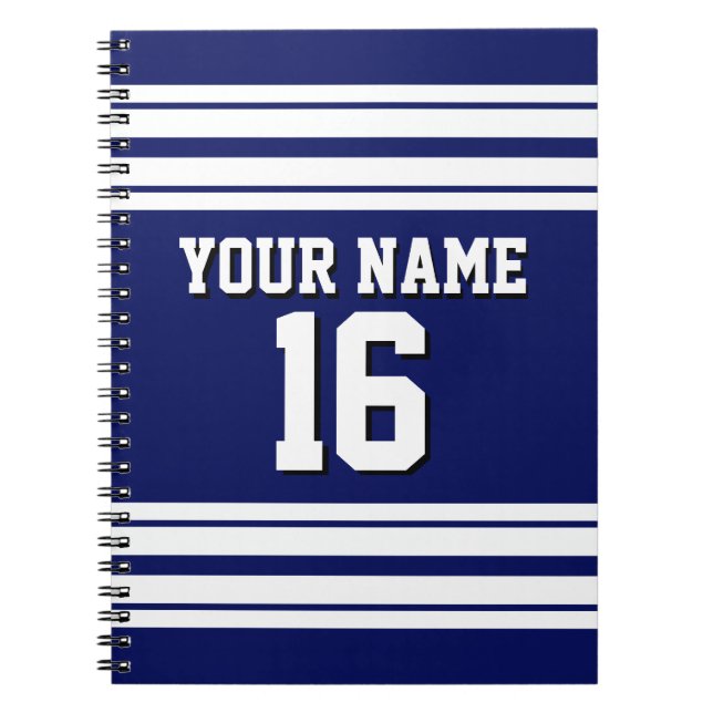 Navy Blue White Team Jersey Custom Number Name Notebook (Front)