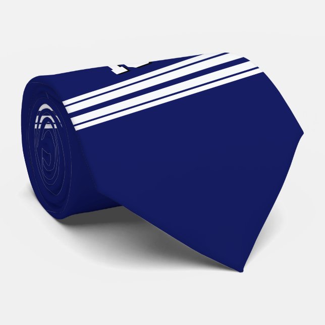 Navy Blue White Team Jersey Custom Number Name Tie (Rolled)