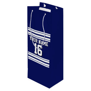 Navy Blue White Team Jersey Custom Number Name Wine Gift Bag