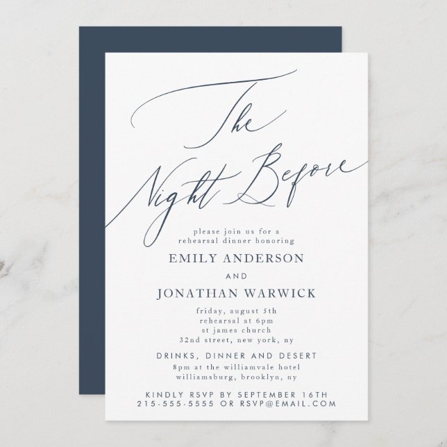 Navy Blue White The Night Before Rehearsal Wedding Invitation (Front/Back)