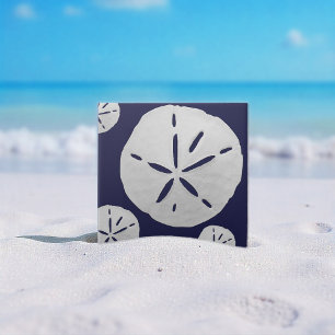 Navy Blue & White Tropical Beach Sand Dollar Tile