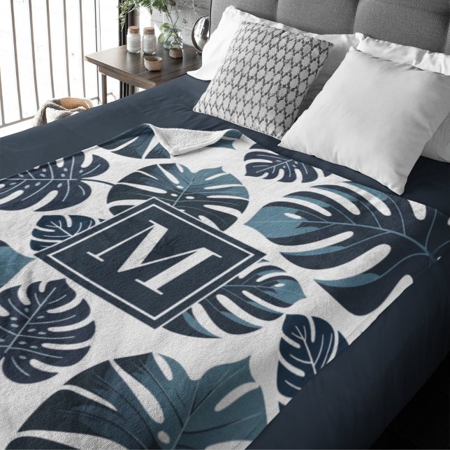 Navy Blue & White Tropical Monstera Leaf  Fleece Blanket (Creator Uploaded)