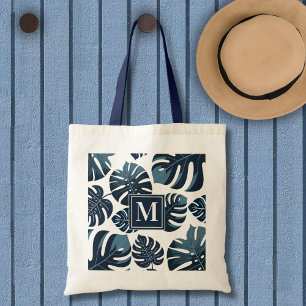 Navy Blue & White Tropical Monstera Leaf  Tote Bag