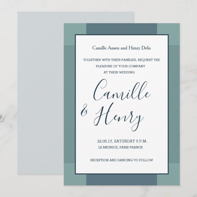 Navy blue white turquoise elegant modern wedding invitation (Front/Back)