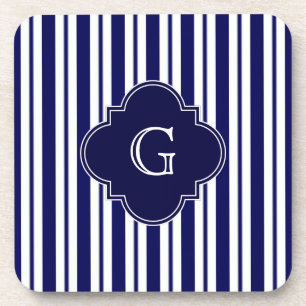 Navy Blue White Uneven Stripes Navy Monogram Label Coaster