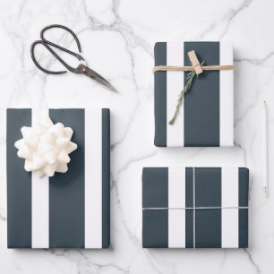 Navy Blue White Vertical Stripes Pattern Wrapping Paper Sheet