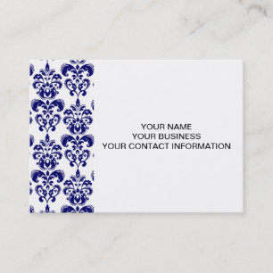 Navy Blue, White Vintage Damask Pattern 2 Business Card